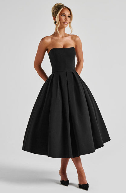 Isalina Strapless Black Midi Dress
