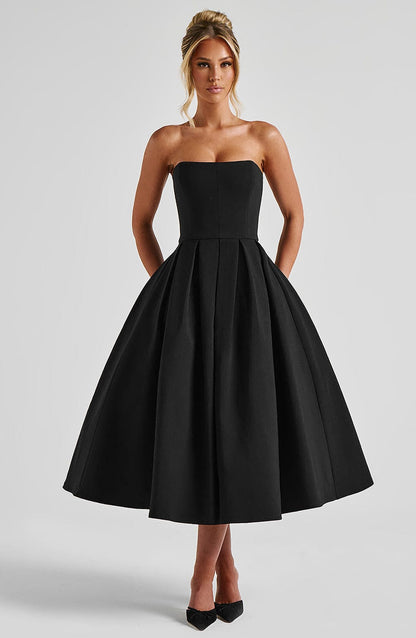 Isalina Strapless Black Midi Dress