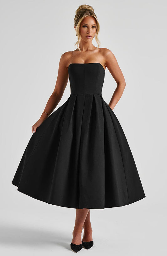 Isalina Strapless Black Midi Dress
