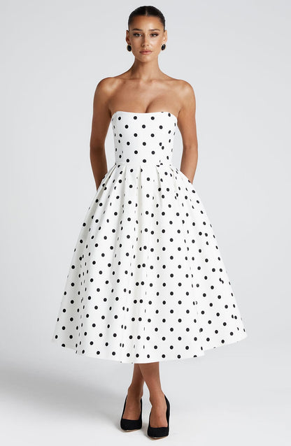 Isalina Strapless Black and White Midi Dress