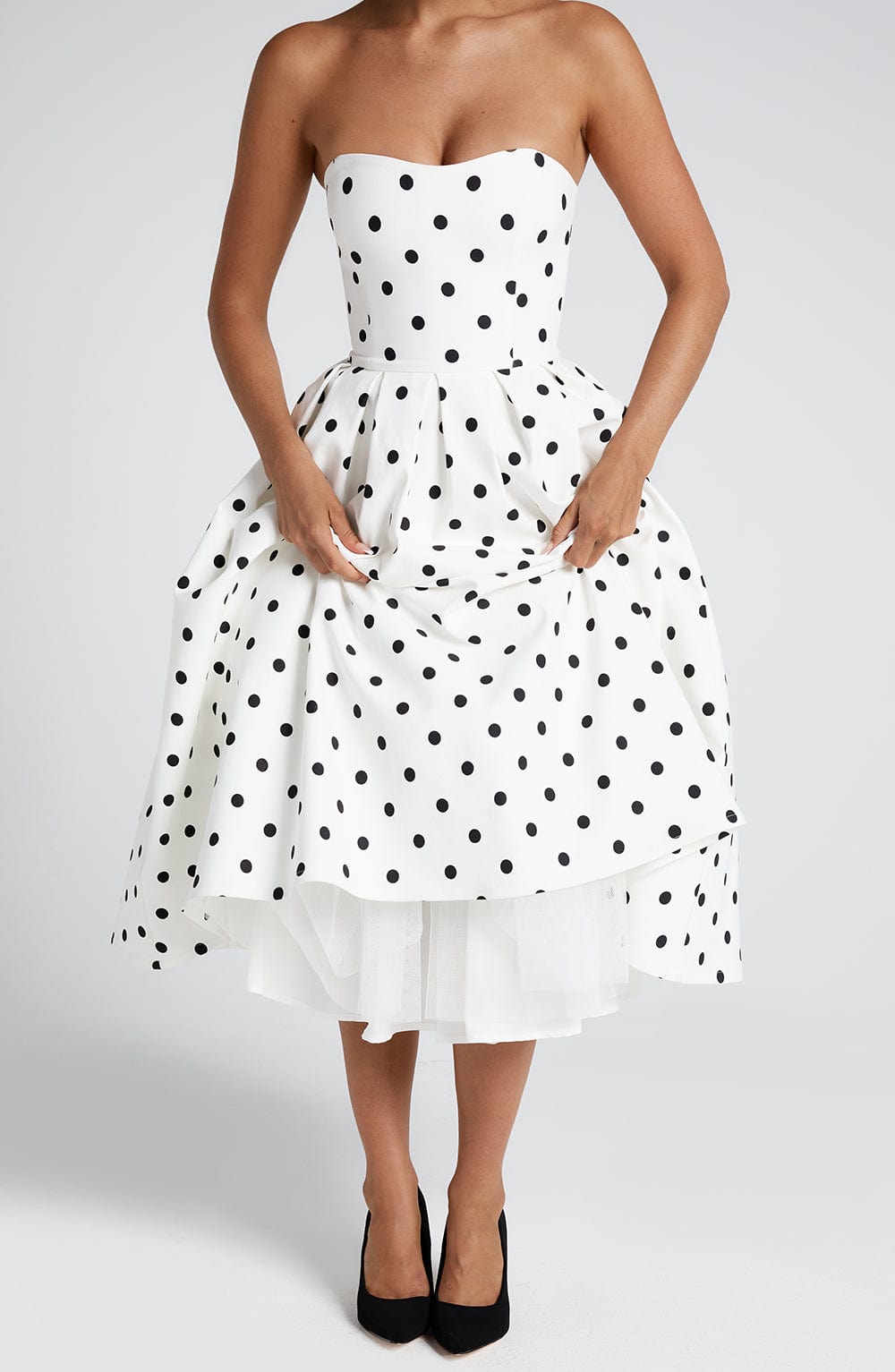 Isalina Strapless Black and White Midi Dress