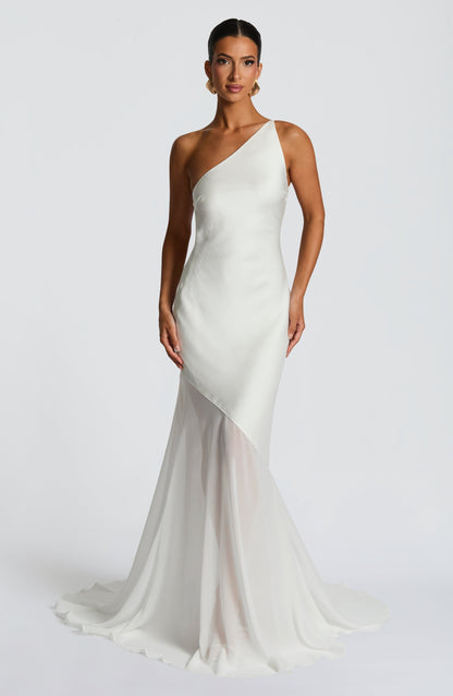 Mireya Satin One-Shoulder White Maxi Dress