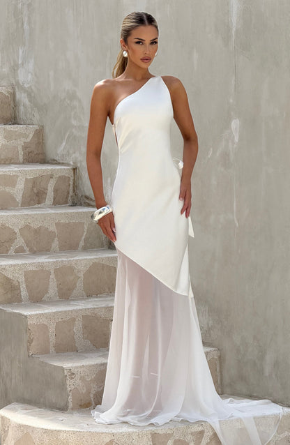 Mireya Satin One-Shoulder White Maxi Dress