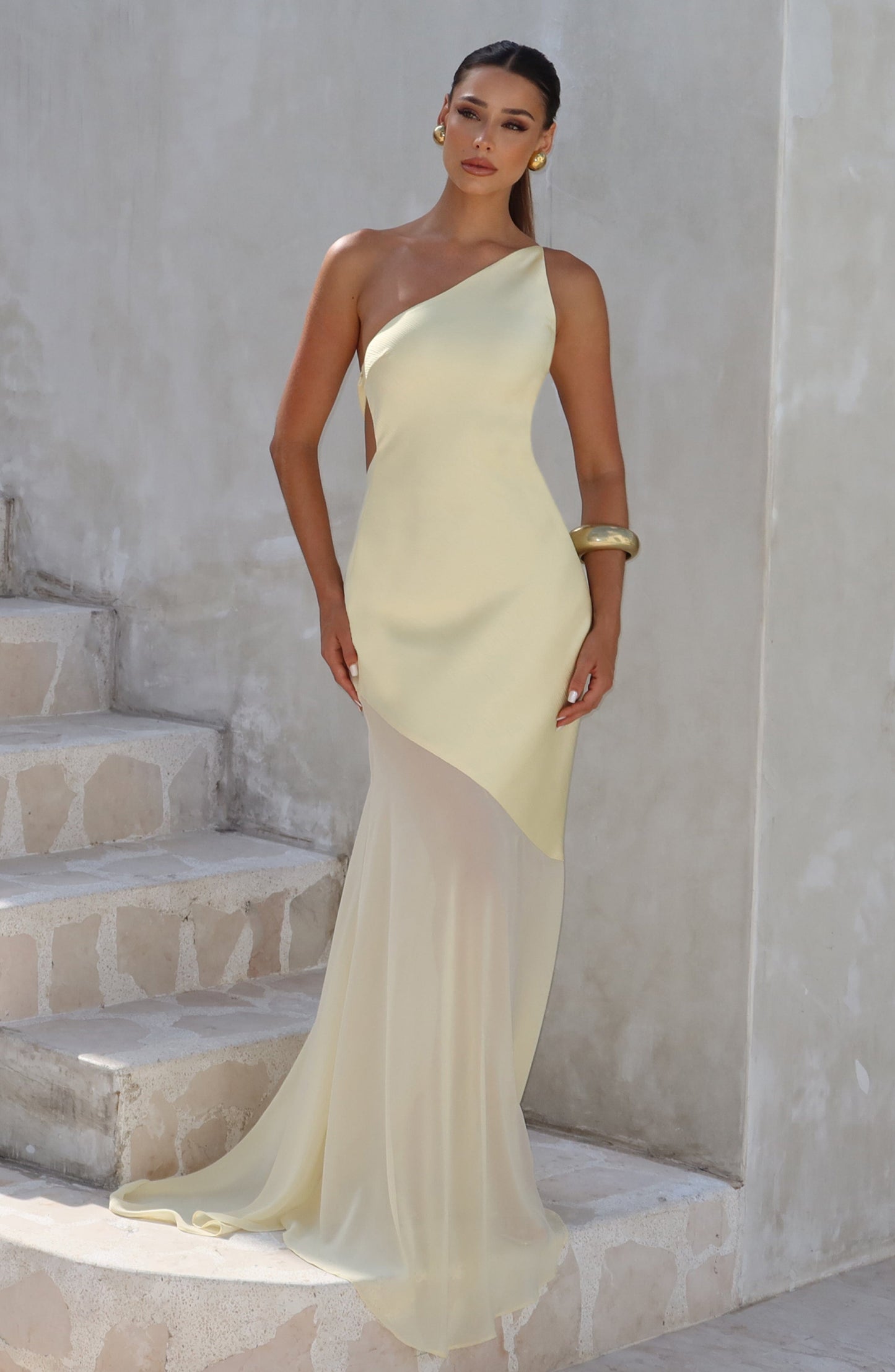 Mireya Satin One-Shoulder Yellow Maxi Dress