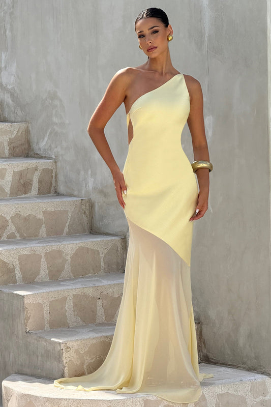 Mireya Satin One-Shoulder Yellow Maxi Dress