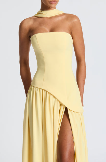 Aurelia Yellow Halter Open-Back Evening Maxi Dress