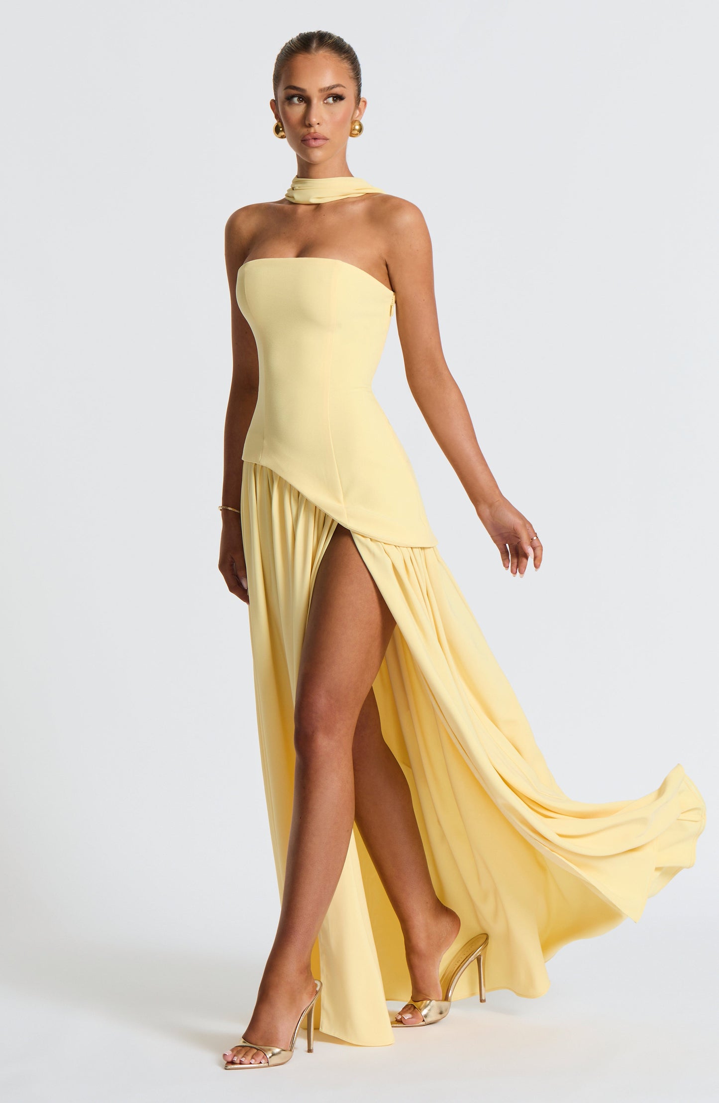 Aurelia Yellow Halter Open-Back Evening Maxi Dress