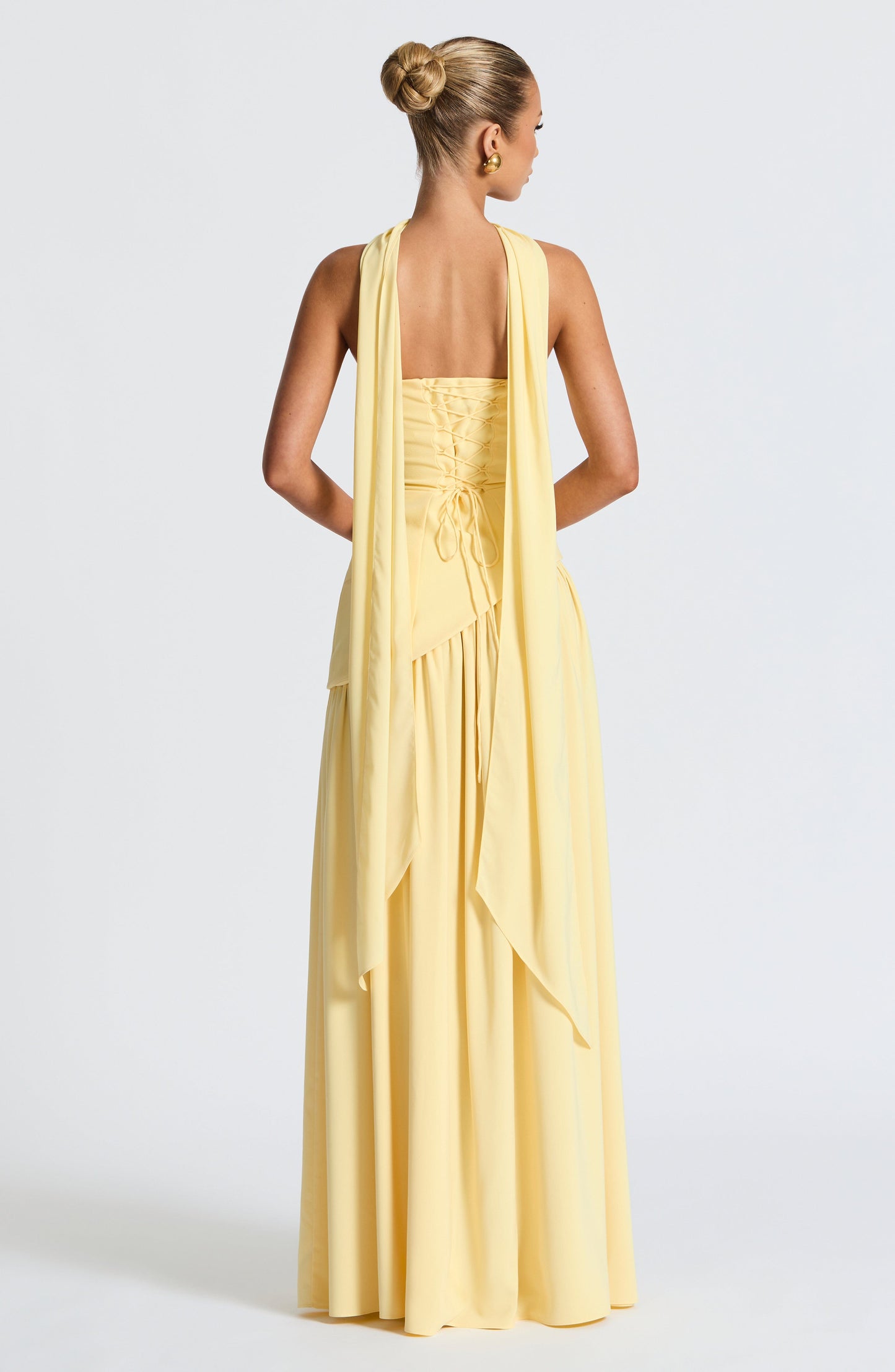 Aurelia Yellow Halter Open-Back Evening Maxi Dress
