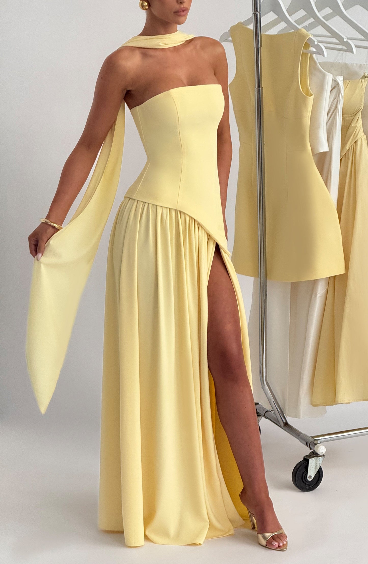 Aurelia Yellow Halter Open-Back Evening Maxi Dress