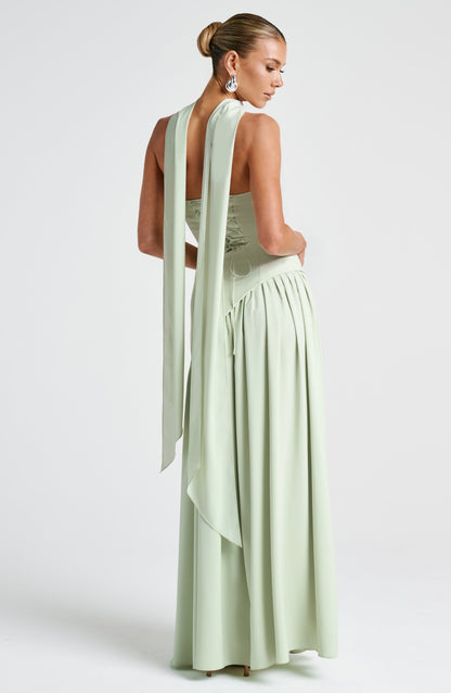 Mint strapless maxi dress with sculpted waist and chiffon scarf
