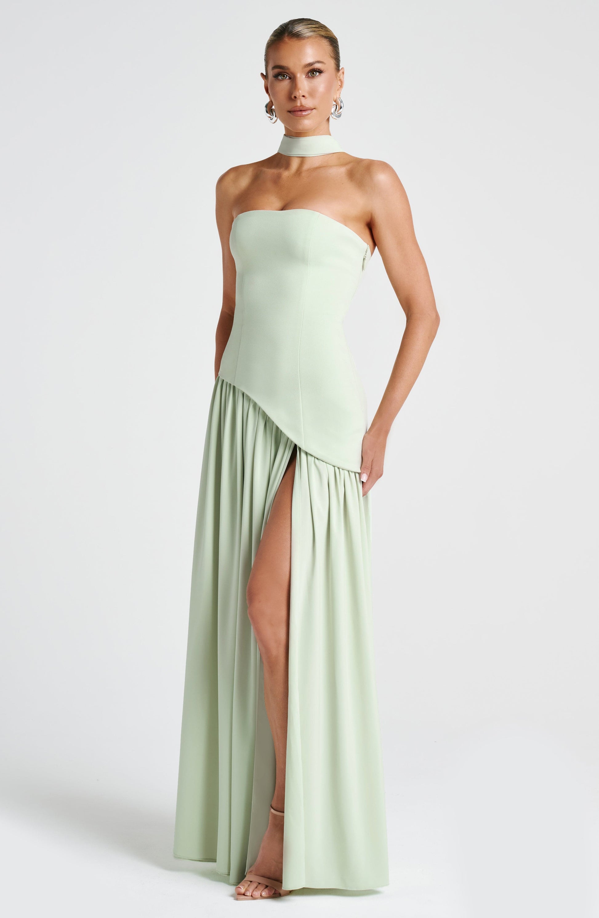 Mint strapless maxi dress with sculpted waist and chiffon scarf

