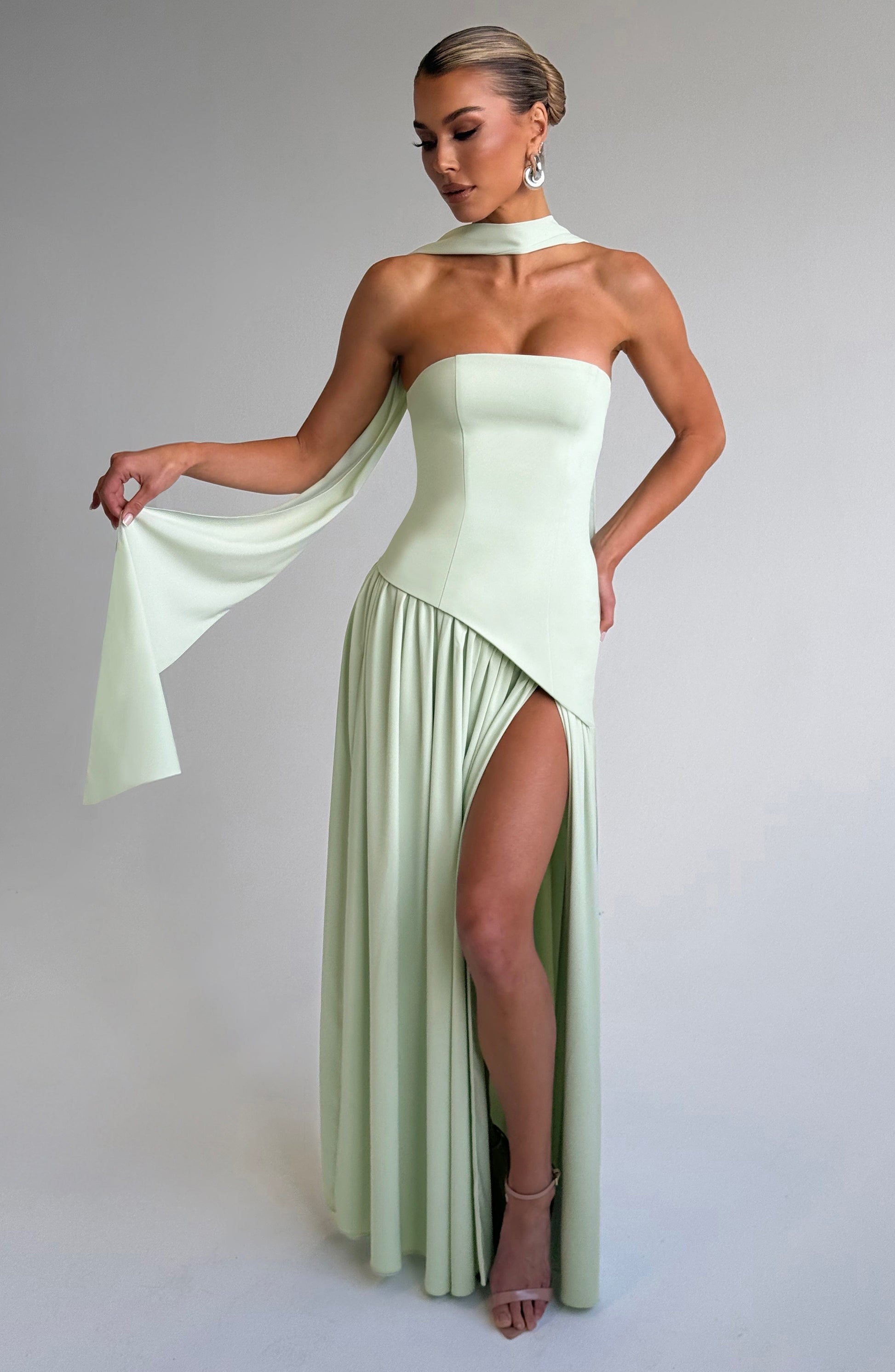 Mint strapless satin maxi dress with high slit and chiffon scarf