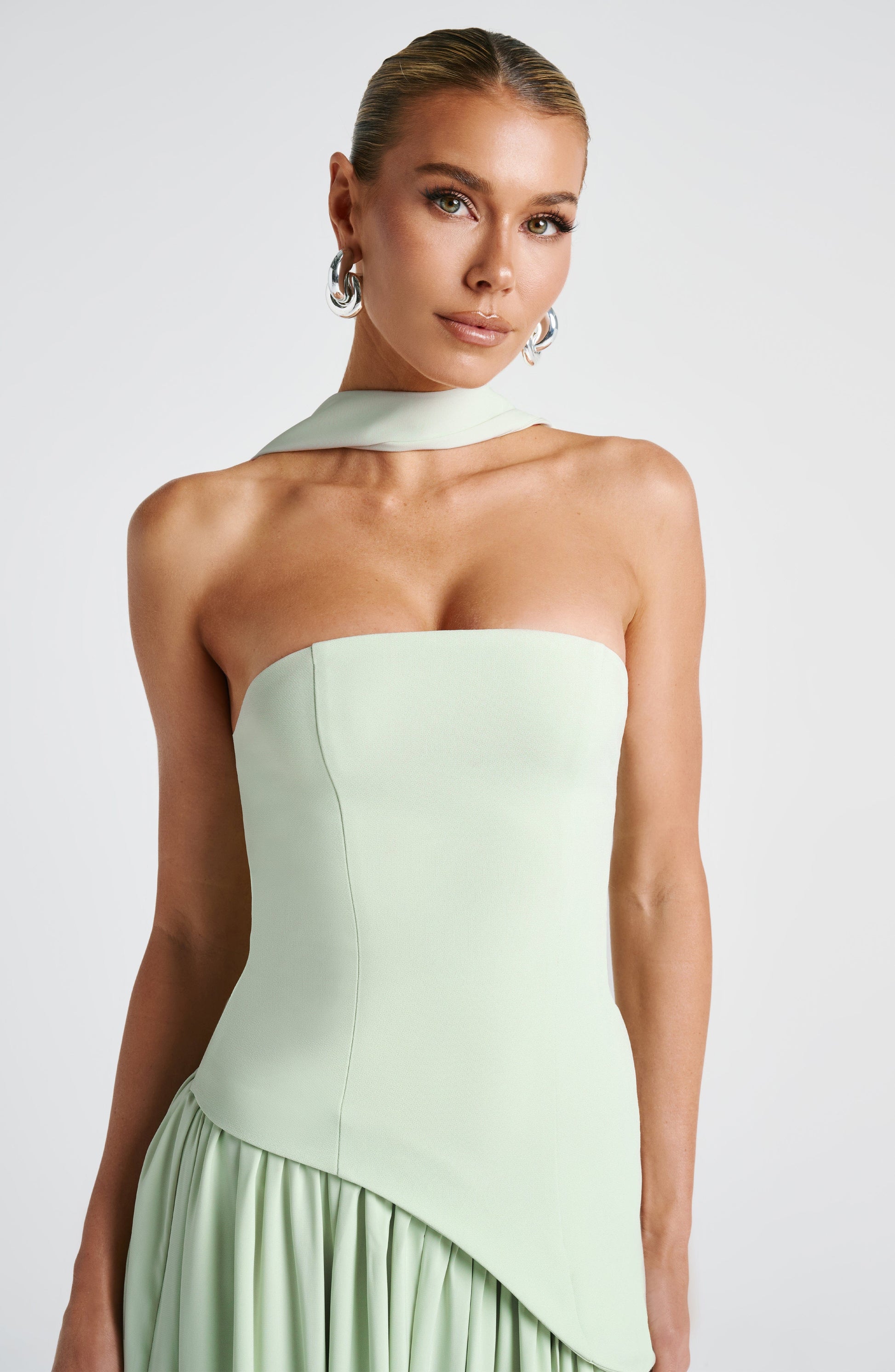 Mint strapless satin maxi dress with high slit in details