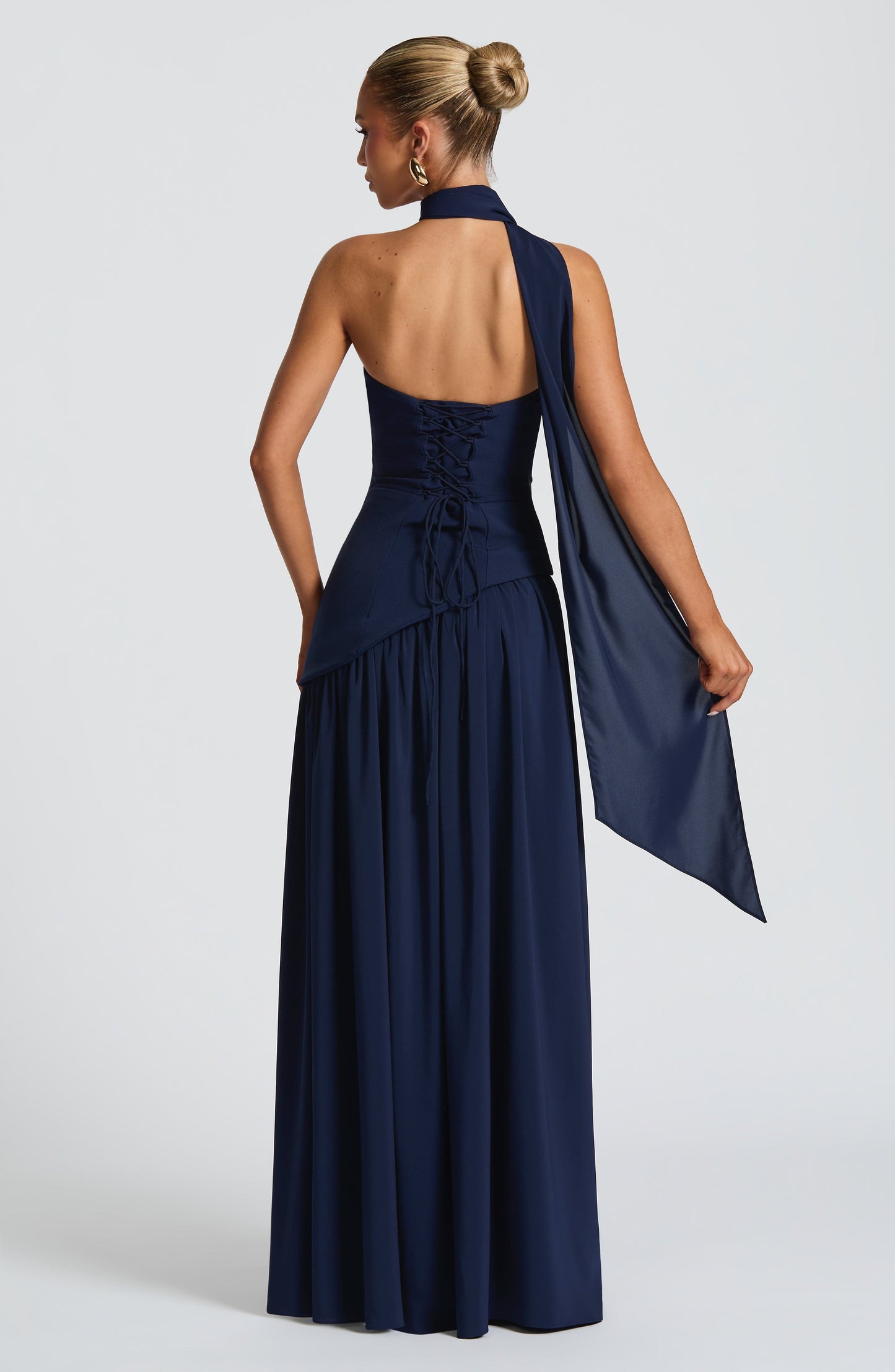 Aurelia Navy Blue Halter Open-Back Evening Maxi Dress