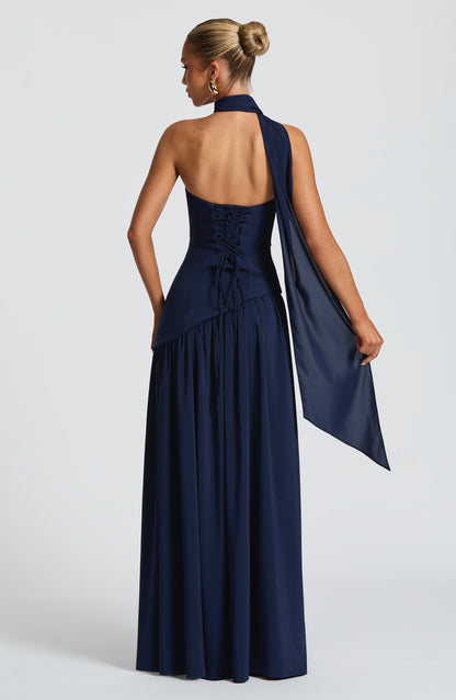 Aurelia Navy Blue Halter Open-Back Evening Maxi Dress