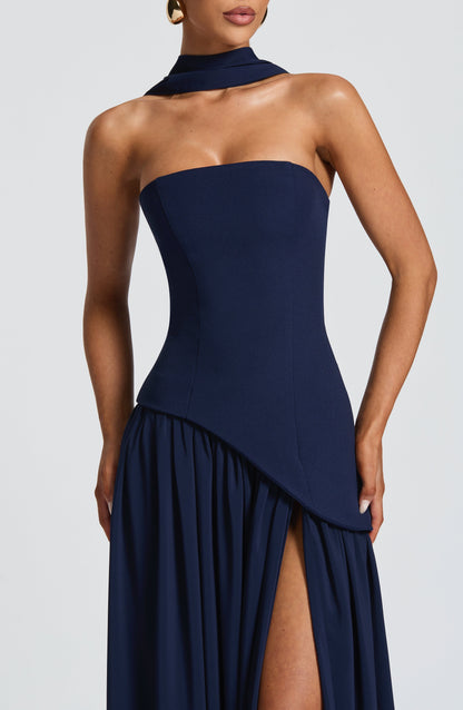 Aurelia Navy Blue Halter Open-Back Evening Maxi Dress