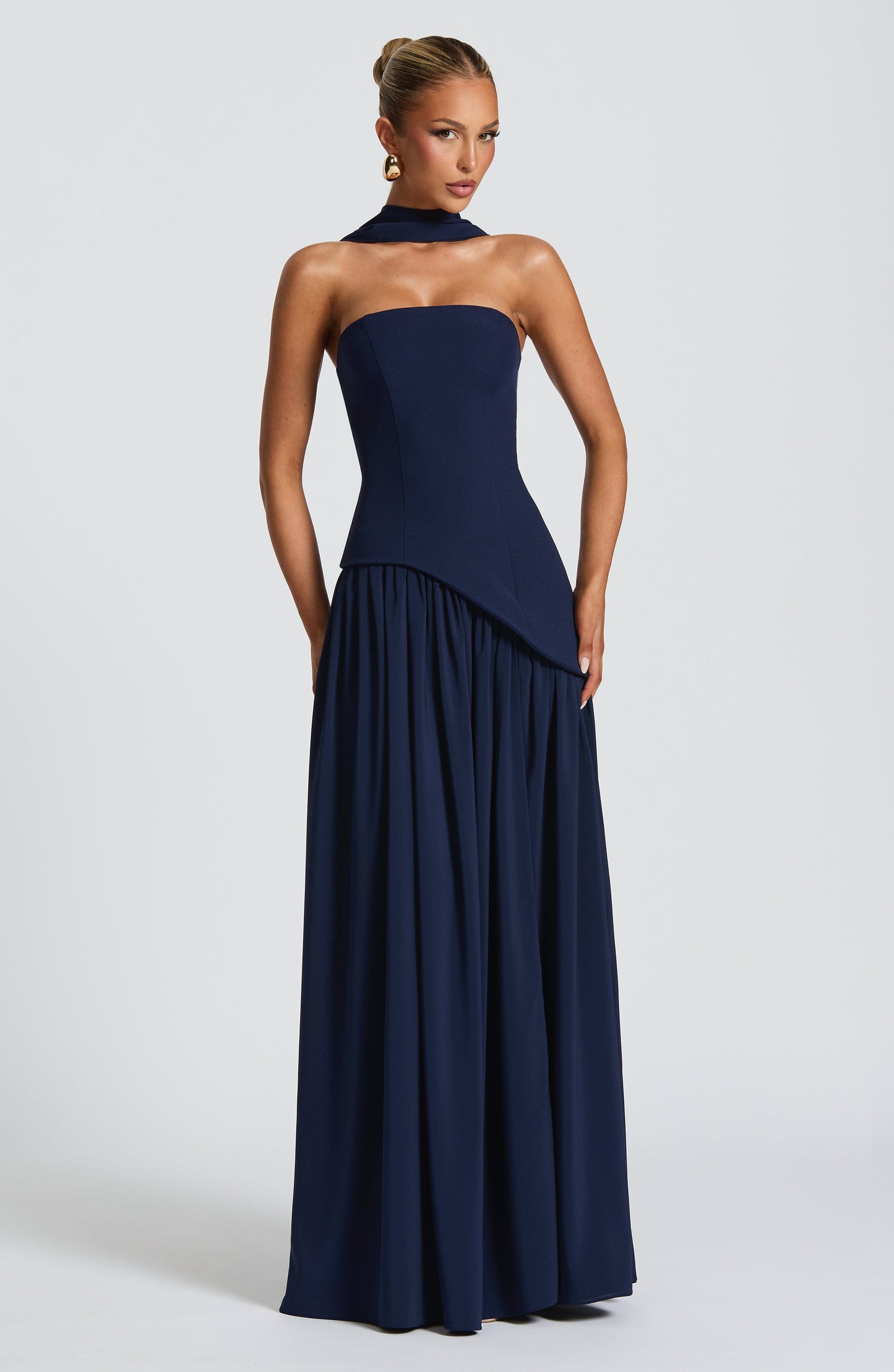 Aurelia Navy Blue Halter Open-Back Evening Maxi Dress