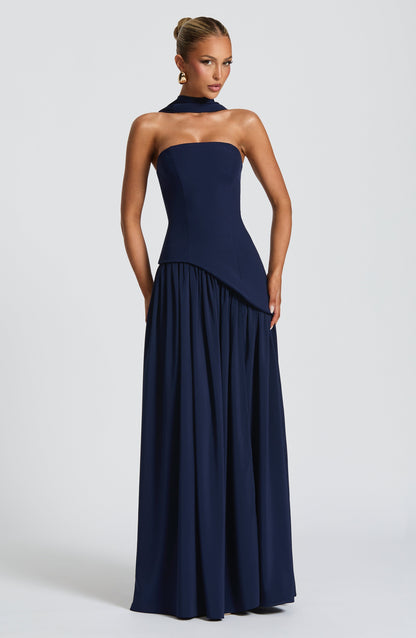 Aurelia Navy Blue Halter Open-Back Evening Maxi Dress