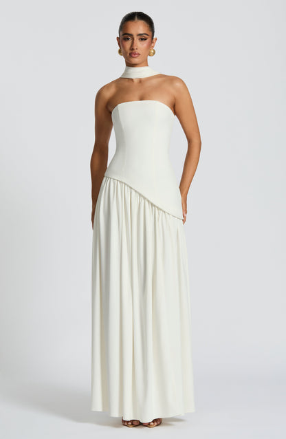 Aurelia White Halter Open-Back Evening Maxi Dress
