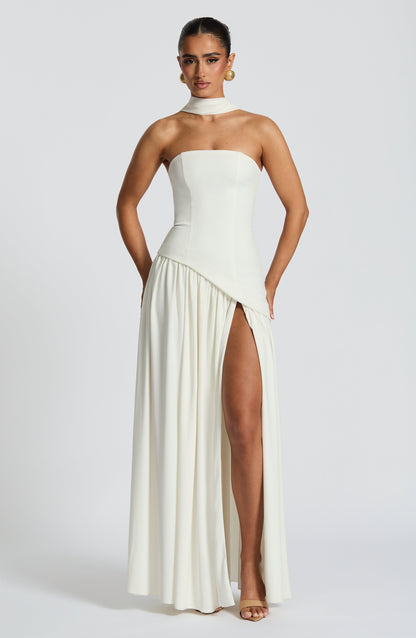 Aurelia White Halter Open-Back Evening Maxi Dress