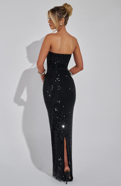 Vestido Maxi Negro Malla Pedrería Nerea