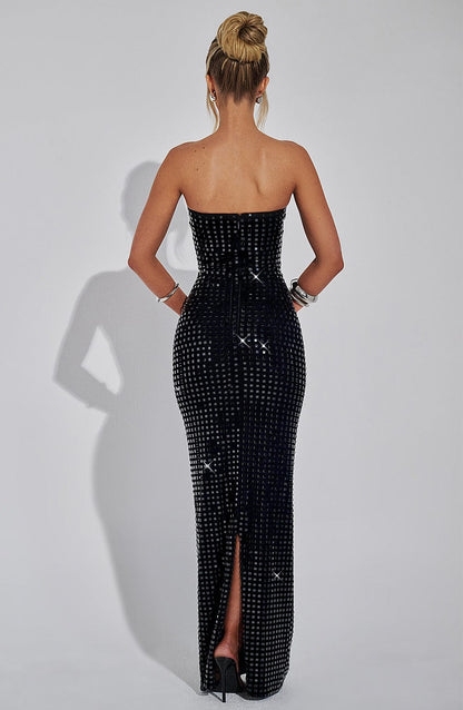 Vestido Maxi Negro Malla Pedrería Nerea