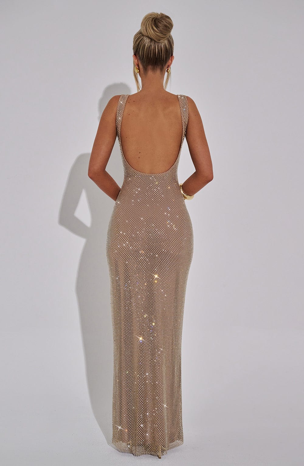 Vestido Maxi Dorado Malla Pedrería Paola