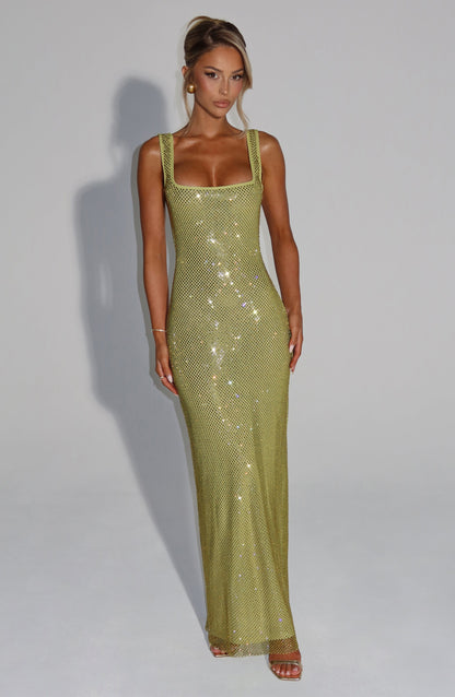 Vestido Maxi Verde Malla Pedrería Paola