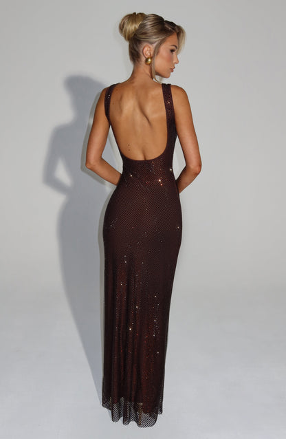 Vestido Maxi Ciruela Malla Pedrería Paola