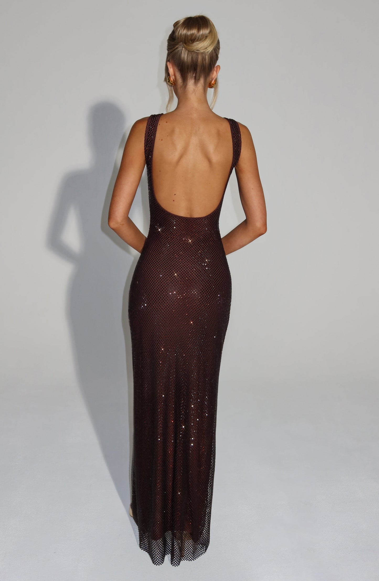 Vestido Maxi Ciruela Malla Pedrería Paola