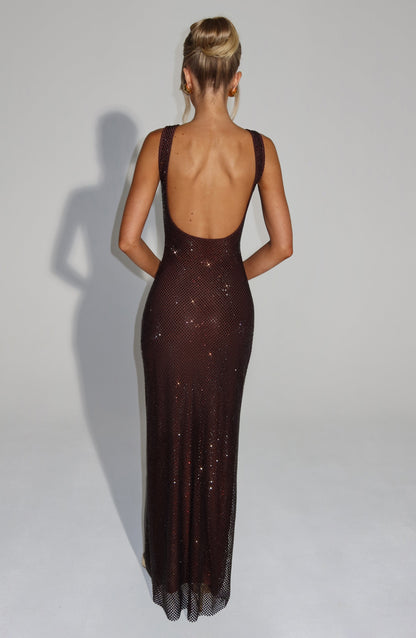 Vestido Maxi Ciruela Malla Pedrería Paola