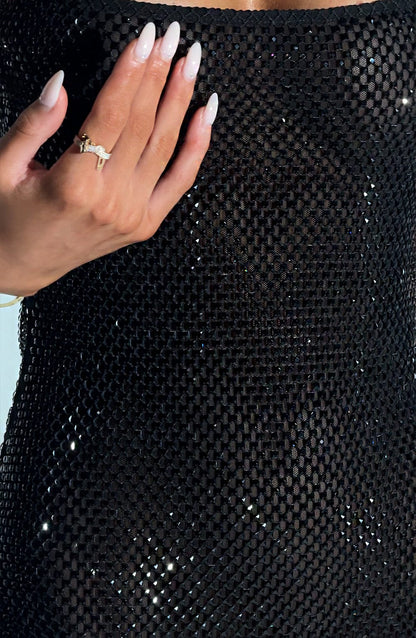 Vestido Mini Negro Malla Pedrería Paola