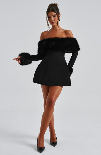 Vestido Mini Negro Bardot Piel Valeria