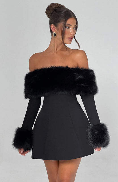 Vestido Mini Negro Bardot Piel Valeria