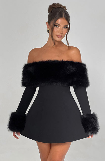 Vestido Mini Negro Bardot Piel Valeria
