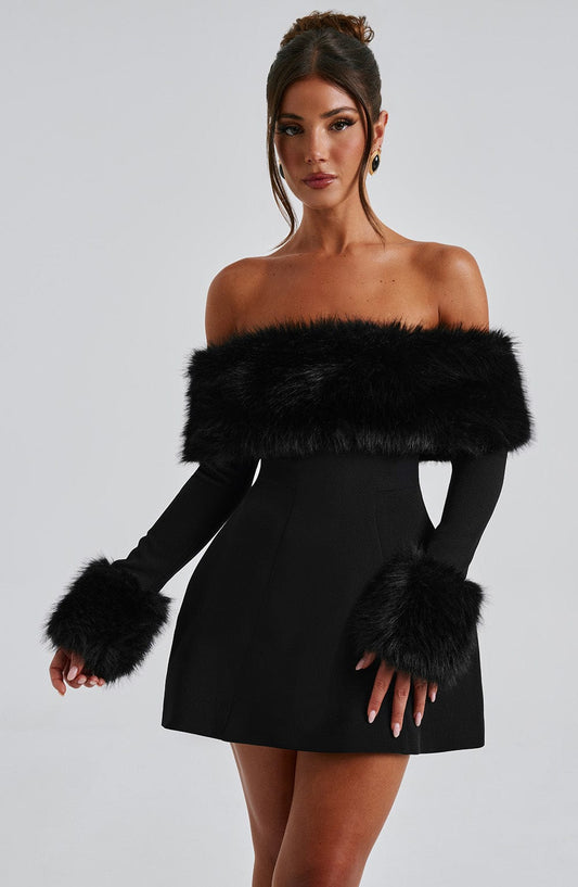 Vestido Mini Negro Bardot Piel Valeria