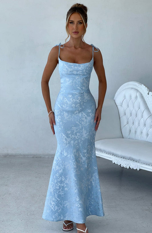 Vestido Maxi Azul Jacquard Drapeado Valentina