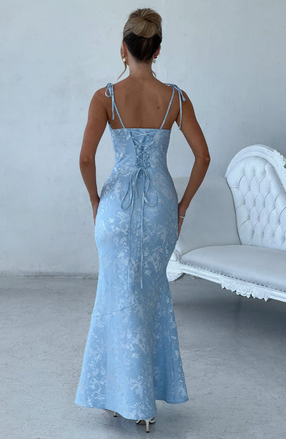 Vestido Maxi Azul Jacquard Drapeado Valentina