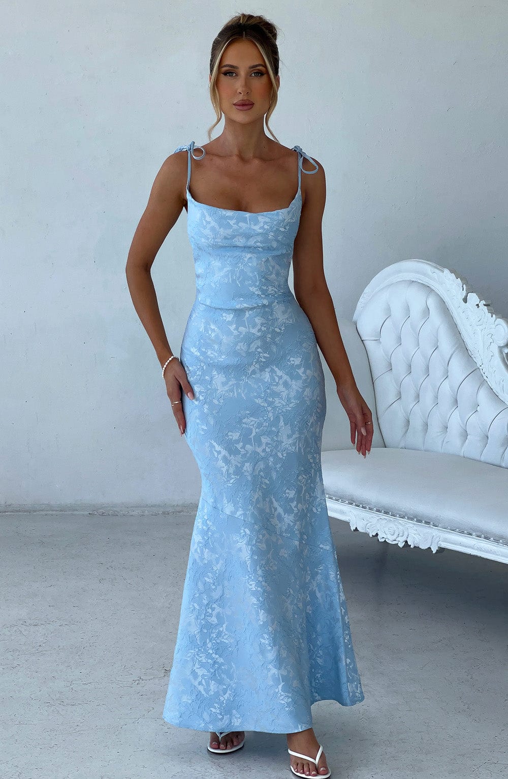 Vestido Maxi Azul Jacquard Drapeado Valentina
