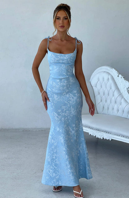 Vestido Maxi Azul Jacquard Drapeado Valentina
