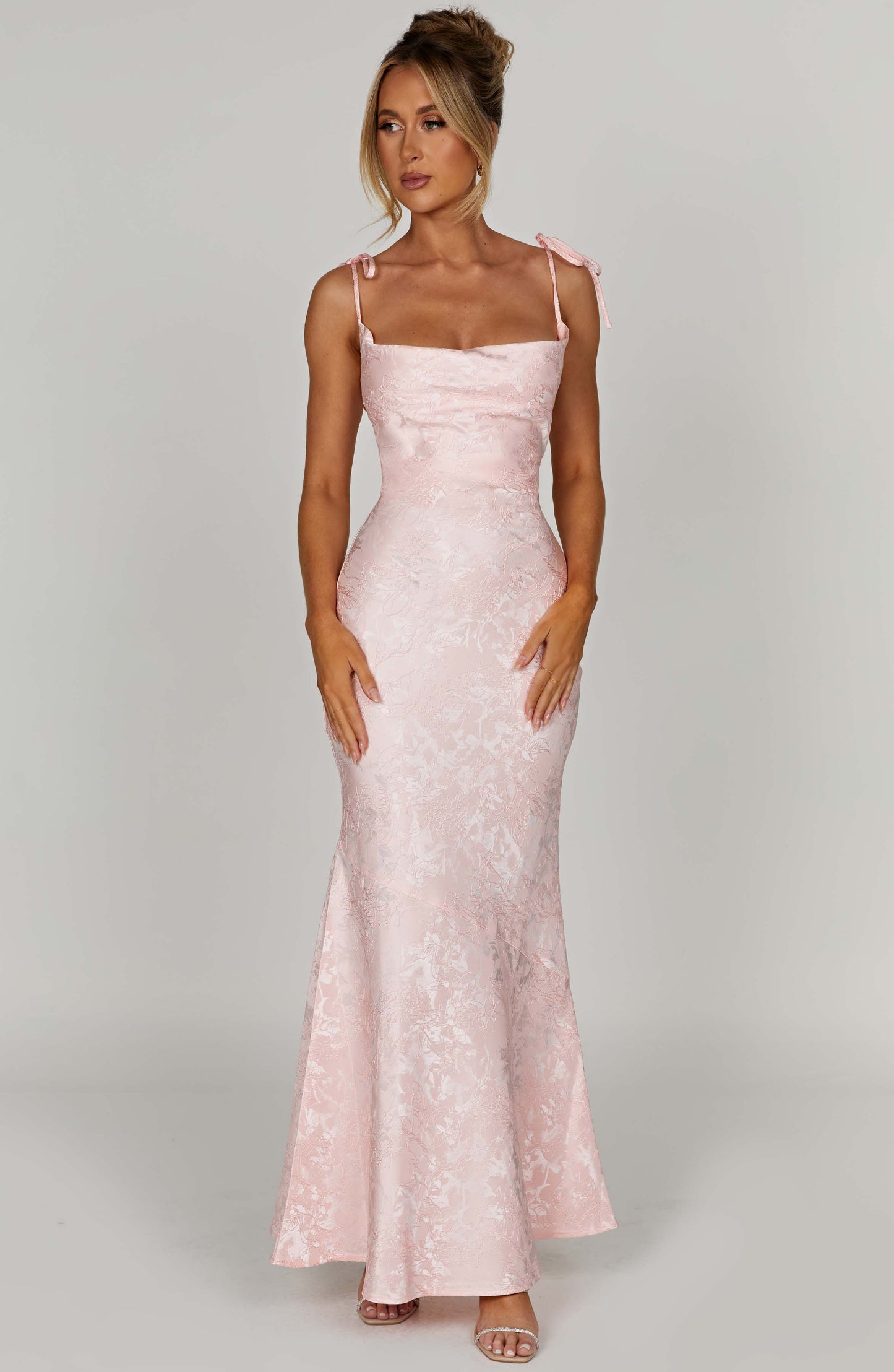 Vestido Maxi Rosa Jacquard Drapeado Valentina