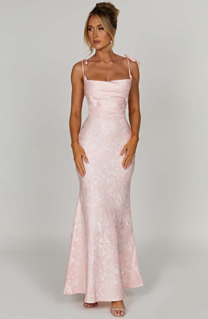 Vestido Maxi Rosa Jacquard Drapeado Valentina