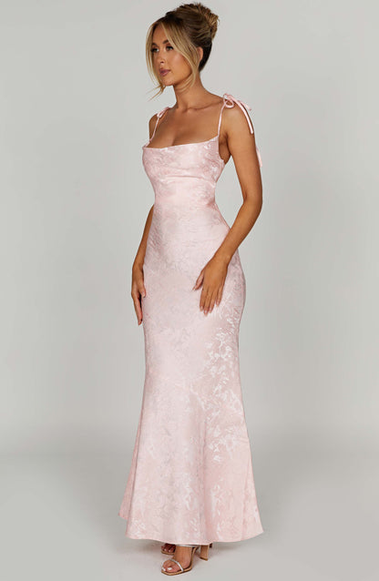 Vestido Maxi Rosa Jacquard Drapeado Valentina