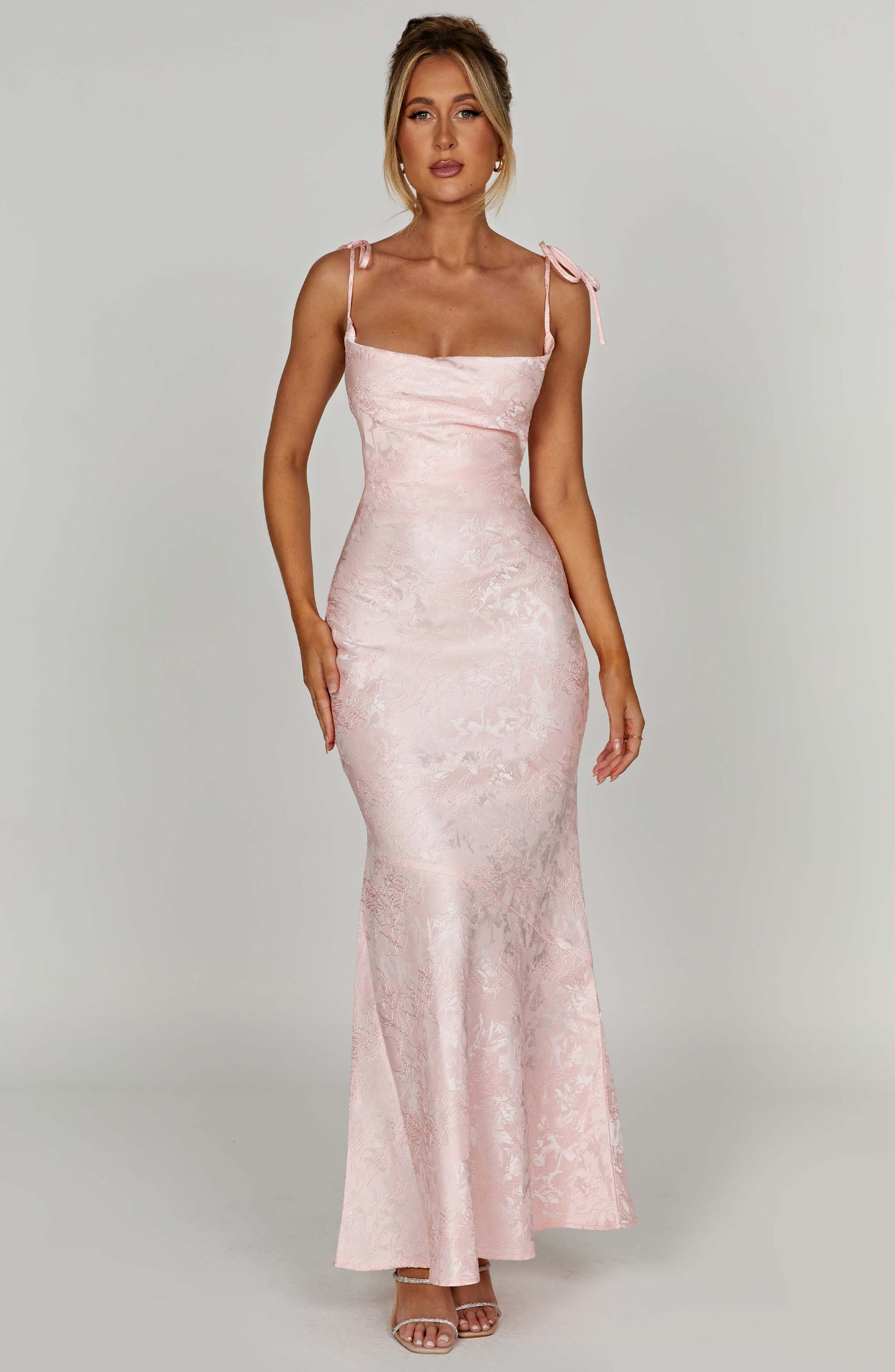 Vestido Maxi Rosa Jacquard Drapeado Valentina