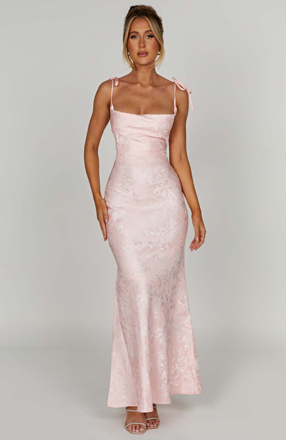 Vestido Maxi Rosa Jacquard Drapeado Valentina