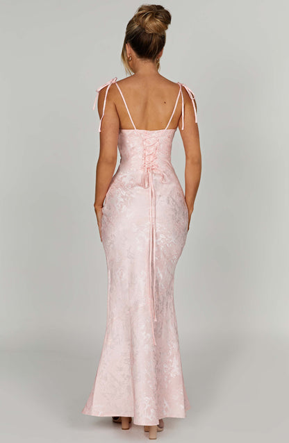 Vestido Maxi Rosa Jacquard Drapeado Valentina