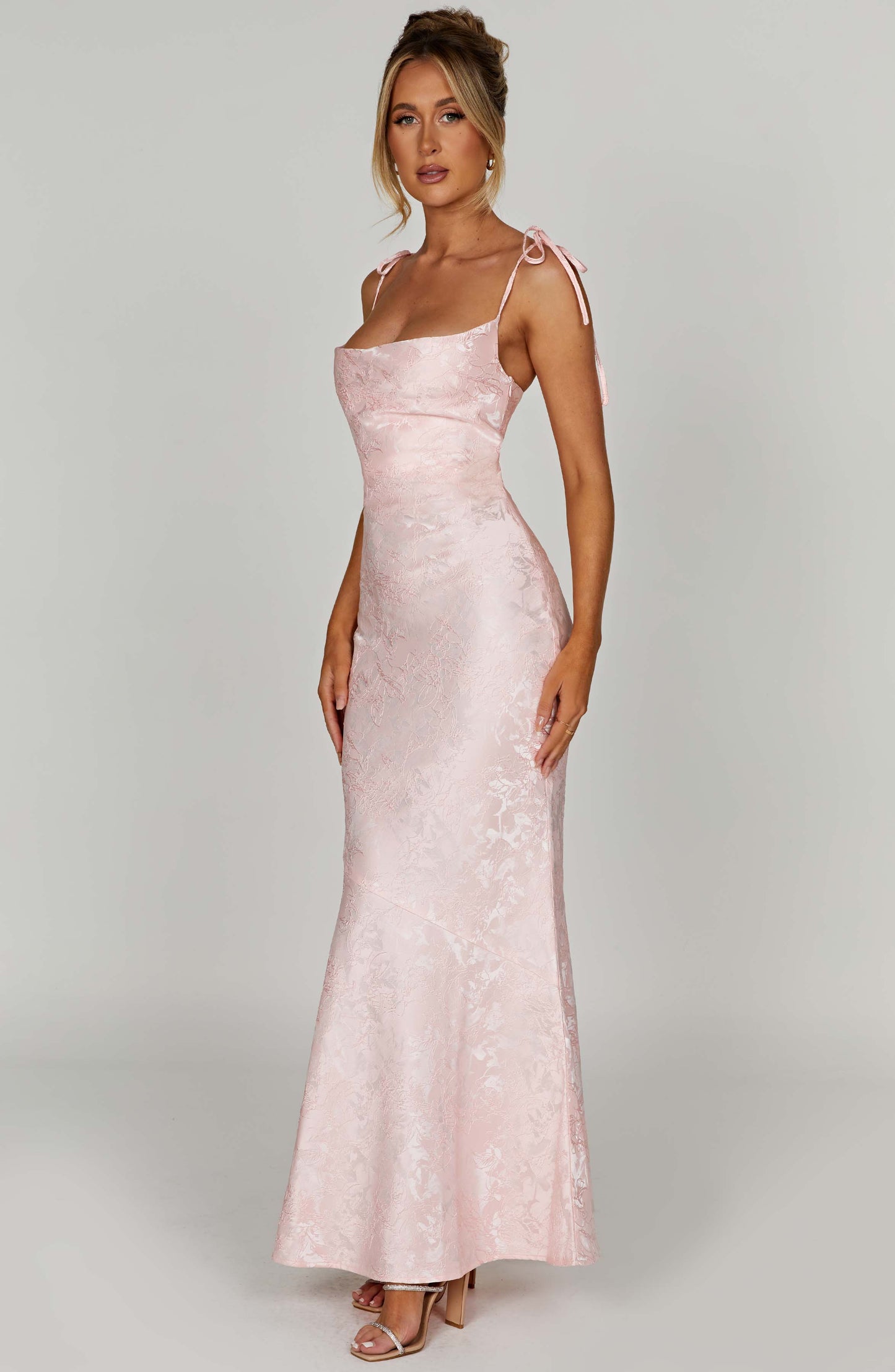 Vestido Maxi Rosa Jacquard Drapeado Valentina