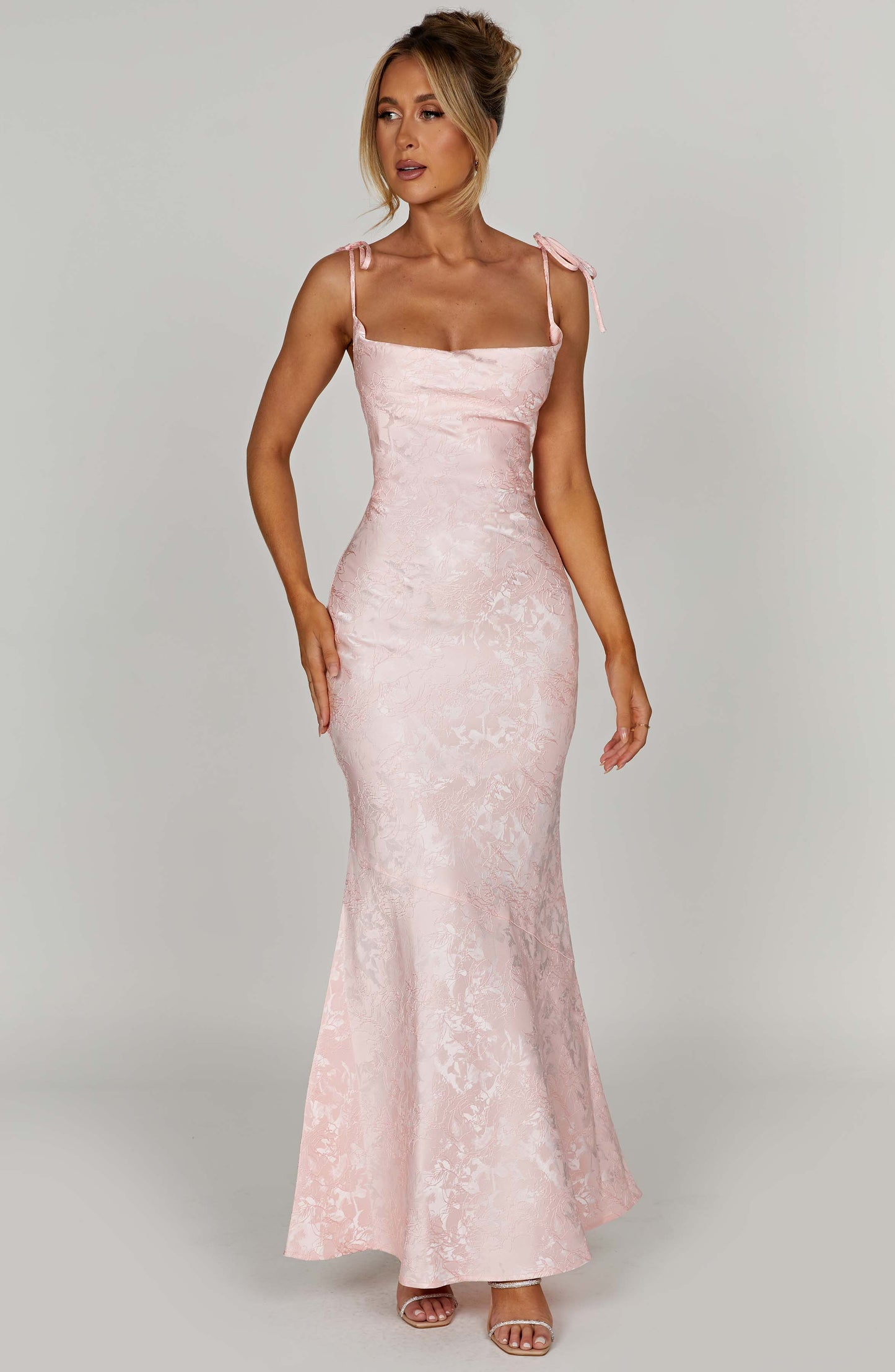 Vestido Maxi Rosa Jacquard Drapeado Valentina