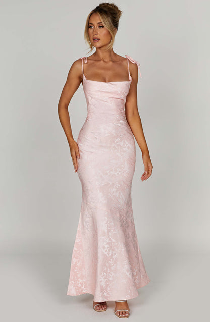 Vestido Maxi Rosa Jacquard Drapeado Valentina