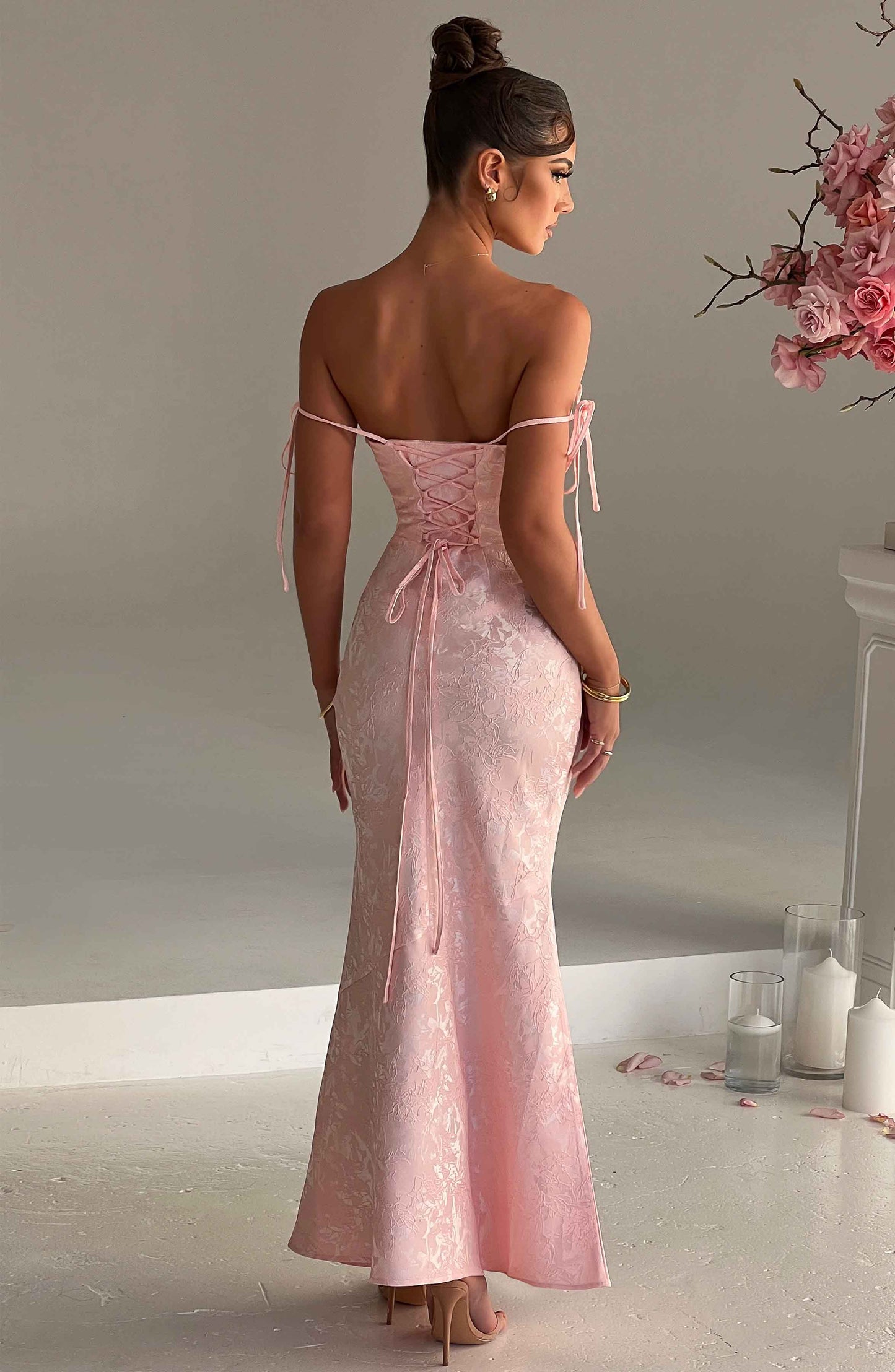 Vestido Maxi Rosa Jacquard Drapeado Valentina